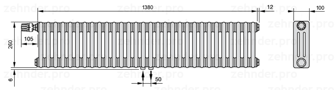 Схема (чертеж) Радиатор Zehnder Charleston 3026/30 №V007 Белый глянцевый RAL 9016